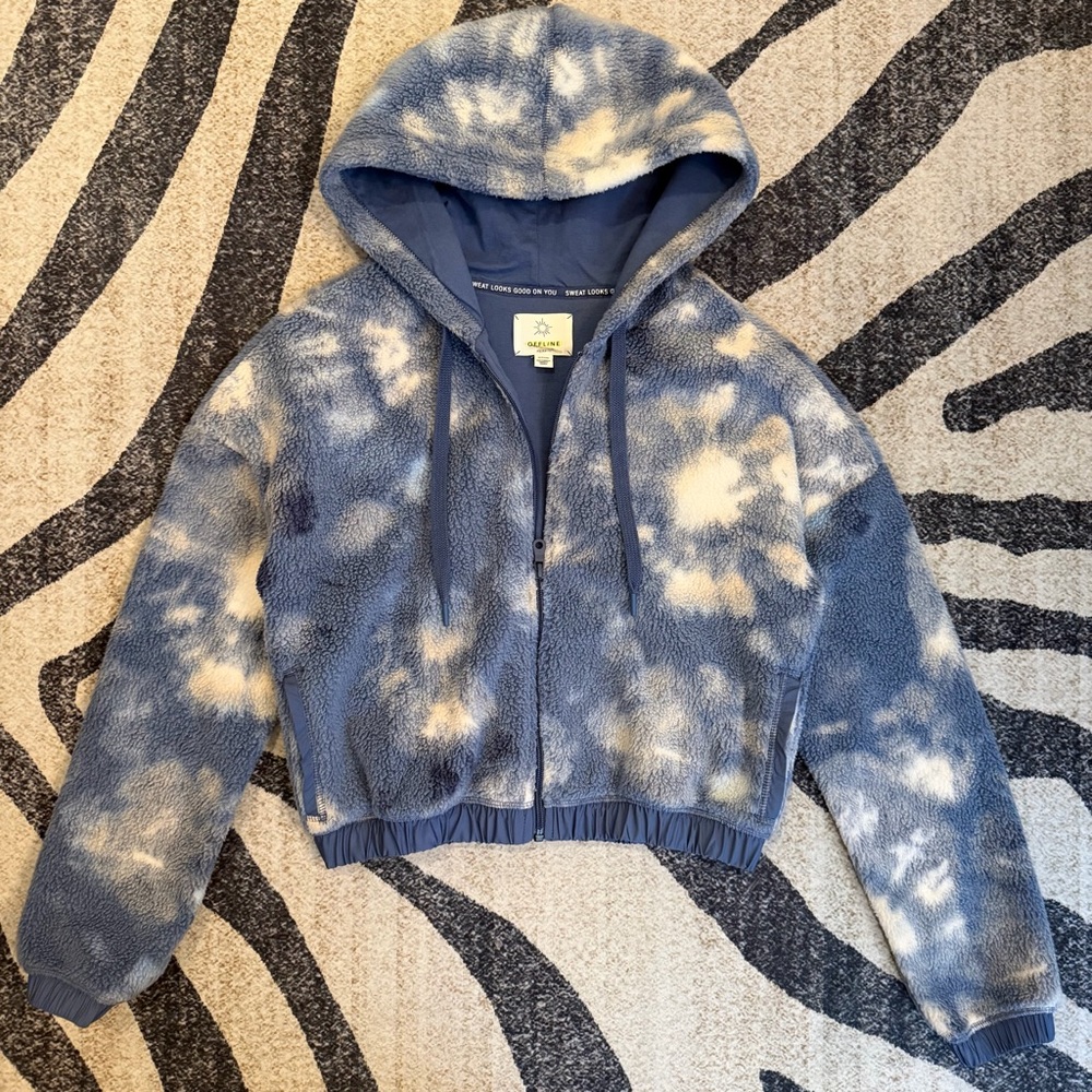NWOR Aerie Offline XS Blue sherpa zip tie dye cropped hoodie jacket